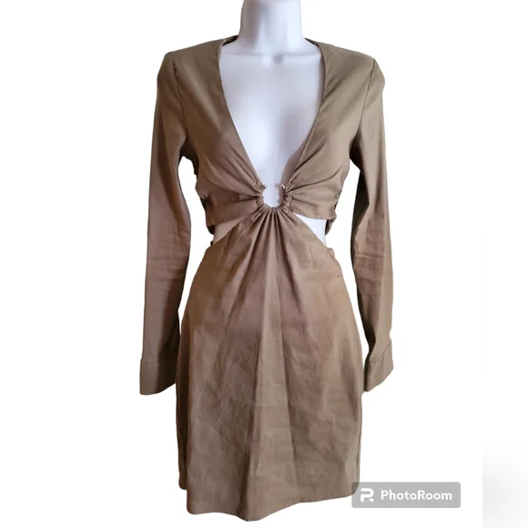 Zara Olive Green Linen Cut Out Mini Dress Size XS - Picture 7 of 12